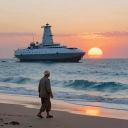 an old fisherman walking on the beach overlooking a sinking spaceship in the ocean. sunset and colorful sky, two suns