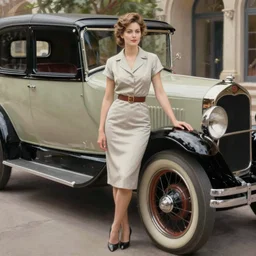 a painting of a woman posing in front of a 1920's car by Louis Icart, highly detailed, masterpiece, trending on ArtStation, ultra realistic
