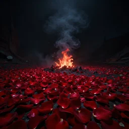 ! dream dark hell stylethere is a red rosepetals have realistic frst viewnext to the fre of the slurry. dark ultra wide angle night view. there's smokeclear 3 d graphics 8 koctane rendering, unreal engine,