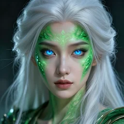 portrait of a beautiful young woman with glowing blue eyes, flowing white hair, dressed in a green, detailed face, fantasy, highly detailed, cinematic lighting, digital art painting by greg rutkowski and artgem, trending on artstation, very very beautiful, very attractive
