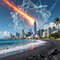 cyberpunk greek megapolis on waiʻanapanapa state park black beach of maui during interstellar crystalized fractal kaleidoscope glass sky, blazing fire meteor hitting crystal snow landscape, lush sakura, advanced civilization, high tech spaceships, by peter mohrbacher, james jean, james gilleard, greg rutkowski, rule of thirds, octane render, beautiful