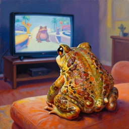hyper realistic oil painting of toad watching a tv movie on the couch, back camera shot, vibrant colors, high contrast, by greg rutkowski, trending on artstation, caricaturist