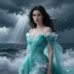 mage female made of storm clouds dress, high detail, high contrast, close up portrait, studio lighting, stormy seas, beautiful, bokeh, snowy, storm clouds, god rays, d & d, fantasy, elegant, aquamarine color palette, concept art, annie leibovitz, roger deakins and greg rutkowski and alphonse mucha