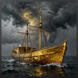 3 d, rain, ocean storm, old boat, liquid gold and black water, poster art, high detail, intricate oil painting, multiple exposure, heaven mood, hyperrealism, 3 d, by tooth wu and wlop and beeple and greg rutkowski