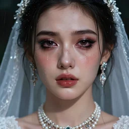 ilyana vyulnika as a young bride in the dark, heavy makeup, crying eyes, tears, leaked mascara, lipgloss, portrait, closeup, cute freckles, gloss effects, and exaggerated proportions, intricate jewelry, after rain, digital art by julia razumova and mel milton, trending on artstation, 4 k high quality
