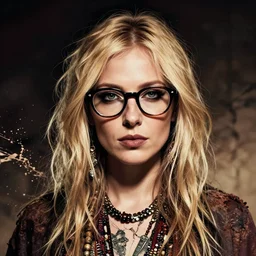 nerdy adult woman character portrait, by takeshi koike, blonde, hippie, highly detailed, dynamic shadows, 4 k, splash art