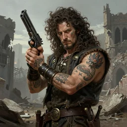 portrait of a wizard holding a gun, the wizard has curly head and tattoos, the wizard holding a pistol points downwards, the wizard holding a pistol is only one and stands in a ruined city. by Ciryl Rolando, hyperrealistic illustration, digital art, studio lightning, very detailed faces
