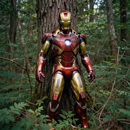 Rusty Iron Man suit found abandoned in the woods being reclaimed by nature