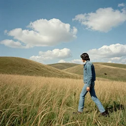 A landscape of hills and tall grass on a sunny day with puffy clouds with a man with medium length black hair, Jean jacket and jeans walking, in the style of a 1970s collage album cover