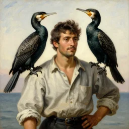 orientalist portrait painting of a fisherman with a cormorant on his shoulder, by joaquin sorolla, in romantic style, sfumato, high detail, masterpiece