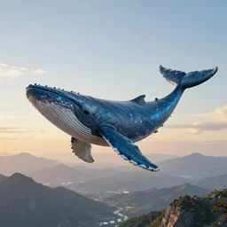a cyberpunk blue whale is flying high in the sky above the mountains, epic, surreal, cinematic shot, golden hour, artstation, deviantart, dreamy atmosphere, high definition