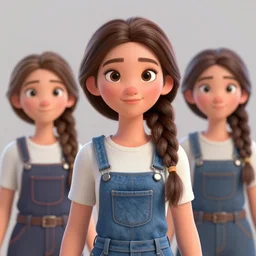 complete view of the 3 d character design of a beautiful female young farmer with long brown braided hair and a beautiful face by artgerm, wearing blue jean overalls in the style of pixar and disney
