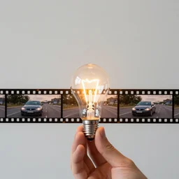 someone holding movie film a strip of a car chase scene, held up to a light bulb, with the light bulb behind, in a dimly lit room, extreme detail, real photo, real camera, at 8 k, hd