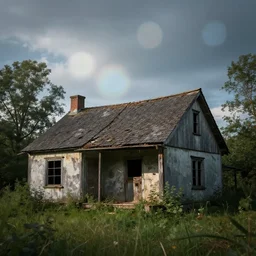 specs of light, iridescent bokeh, abandoned cottage