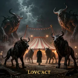 historic photo, epic image of a Lovecraft circus with otherworldly beasts