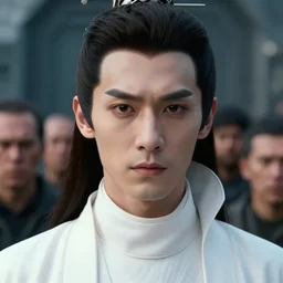 portrait of a regal prince with sharp cheekbones, white clothes, high collar, close up, super details, crowd of angry people out of focus in the background, modern digital art, matte painting, science fiction