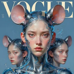 3 d, close - up, frown fashion model girl, rat ears, liquid metal and blue water, vogue cover style, poster art, hyper detail, intricate oil painting, multiple exposure, morning mood, 3 d by tooth wu and wlop and beeple and greg rutkowski