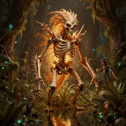 skeletal creature in a lush trunda vegetation, water reflection, night, backlit, warm tones, bioluminescent : by michal karcz, daniel merriam, victo ngai and guillermo del toro : ornate, dynamic, particulate, intricate, elegant, highly detailed, centered, artstation, smooth, sharp focus, octane render, 3 d
