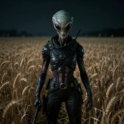 An dramatic, hyperrealistic, photorealistic image of an badass MIB encountering an alien for the first time in a dark field of wheat at night, detailed, ominous