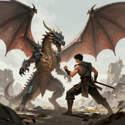 A guy fighting a dragon, digital art,