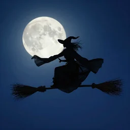 witch riding magical broomstick flies across the night sky, her robes flapping in the wind, silhouetted against the full moon