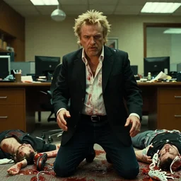 film still of pablo escobar as max payne in the upcoming film, smoke, office scene, bloody, corpses