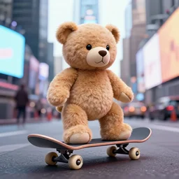 a teddy bear on a skateboard on times square, photo realistic