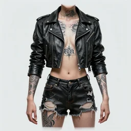 portrait of a tattooed cyberpunk bartender, wearing scratched and ripped leather shorts and a short jacket full of stamps and stitches, character sheet, fine details, concept design, contrast, brigitte bardot, kim jung gi, greg rutkowski, trending on artstation, 8 k, full body, turnaround, front view, back view, ultra wide angle
