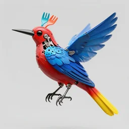 photo of mechanical bird, red airbrush on yellow tail saw, blue iron feathers, black scissor beak, head made of colorful forks, digital art, 8 k
