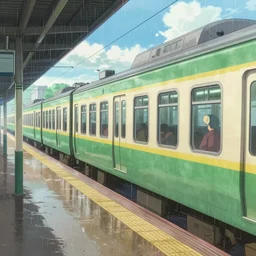 only one train at the station, the movie the garden of words by makoto shinkai, a littlebright color, light rain, moist, 8 k, unreal engine