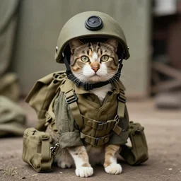 an american soldier as a cat in military gear, vietnam, 1 9 7 0 restored photograph