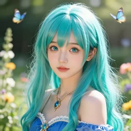 portrait of a cute beautiful young woman, with long turquoise hair, big cute eyes, and a blue dress, intricate jewelry, realistic anime, backlit, strong rim light, subsurface scattering, realistic shaded perfect face, fine details, in a garden full of flowers and Butterflies, volumetric lighting, sharp focus, excellent composition, octane render, trending on artstation, 8k
