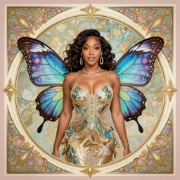 fairy cardi b with firefly wings, inspired by brom art, border and embellishments inspired by alphonse mucha