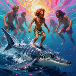 prehistoric caveman!!! swimming to escape plesiosaurus, atmospheric beautiful by stanley artgerm, tom bagshaw, arthur adams, carne griffiths, trending on deviant art, street art, chillwave, maximalist, full of color, glittering, 8 k, hd