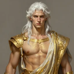 painted realism portrait of ruggedly handsome young twink zeus by ruan jia greg rutkowski, greek god [ long white hair ] clear face majestic muscular physique masculine manly mature robe fantasy intricate elegant detailed digital painting concept art artstation sharp focus illustration gold paint