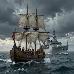a Viking ship winning a sea battle against a modern military ship, by Andreas Rocha + Ted Nasmith, dark, cinematic lighting, masterpiece, highly detailed, 8k resolution, trending on art station