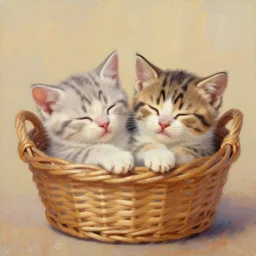 two kittens sleeping in a basket, oil paint, warm color palette, happy
