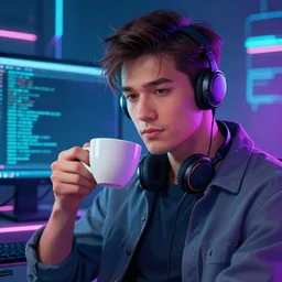 portrait of a handsome software developer having a cup of coffee. cyberpunk style, digital art artstation cgsociety