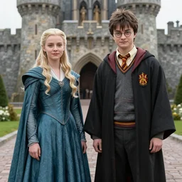 miranda otto as eowyn, and harry potter stand together in front of a castle