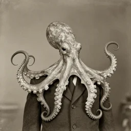 anthropomorphic octopus , wearing a suit, tentacles spilling out of the collar, long neck, vintage photograph, sepia