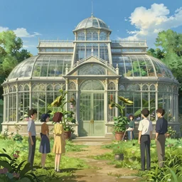 an ornate victorian greenhouse, party in front, scene in an open field. 1 8 9 0, key visual, conceptart, ambient lighting, highly detailed, digital painting, artstation, concept art, sharp focus, by makoto shinkai and akihiko yoshida and greg manchess