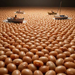 a photograph of a sea of baked beans, swimmers and boats, by Claes Oldenburg, pop art, 3D render, Volumetric dynamic lighting, Highly Detailed, Cinematic Lighting, Unreal Engine, 8k, HD