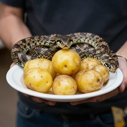 high quality photo of a snake holding out a plate of potatoes to the camera
