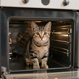 a tabby kitten inside a kitchen oven looking at camera