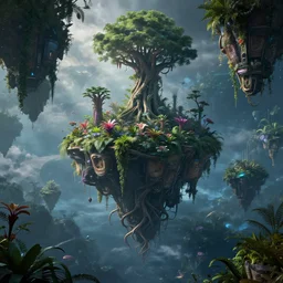 floating islands connected with roots, avatar like landscape, high - tech space cult with trees and plants and alien flowers, dramatic lighting, epic, octane render, volumetric light, unreal engine, artbreeder, 8 k, background, scene, digital, artwork, high quality, 8 k
