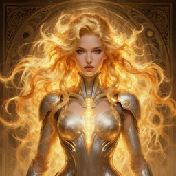 symmetry!! portrait of woman with long flaming blonde hair, sci - fi, tech wear, glowing lights!! intricate, elegant, highly detailed, digital painting, artstation, concept art, smooth, sharp focus, illustration, art by artgerm and greg rutkowski and alphonse mucha, 8 k