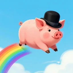 illustration of a flying pig wearing a black bowler hat and flying over a rainbow, concept art