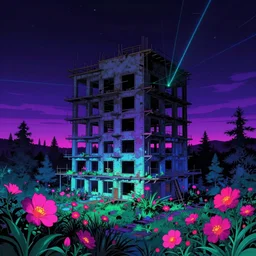 unfinished building by owen d. pomery, thermal imaging wilderness cosmic at night flowers elysian neon noir retro landscape studio ghibli laser postcyberpunk anime tokyo uv light vaporwave nightsky at dusk, archdaily, wallpaper, highly detailed, trending on artstation.