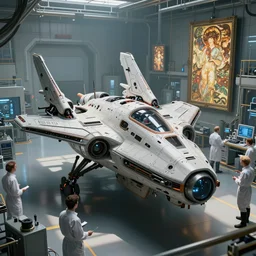 amazing, scientists creating an artificial alien highly detailed futuristic biomechanical thick quad wing combat spaceship constuction in a laboratory, 4 k, octane render, daylight, photorealistic, art by john collier and albert aublet and krenz cushart and artem demura and alphonse mucha,