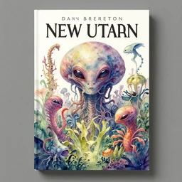 watercolor painting of new utopian book cover by dan brereton with alien flora and fauna, hyper detailed bolus, flash baked at 6 0 0 f